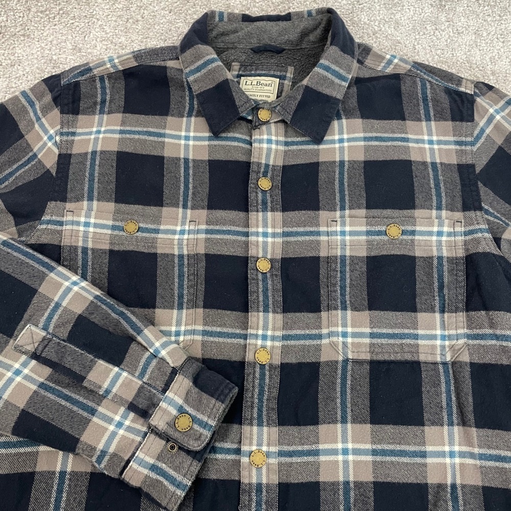 LL Bean Shacket Mens Medium Fleece Lined Snap Front Flannel Shirt Jacket
